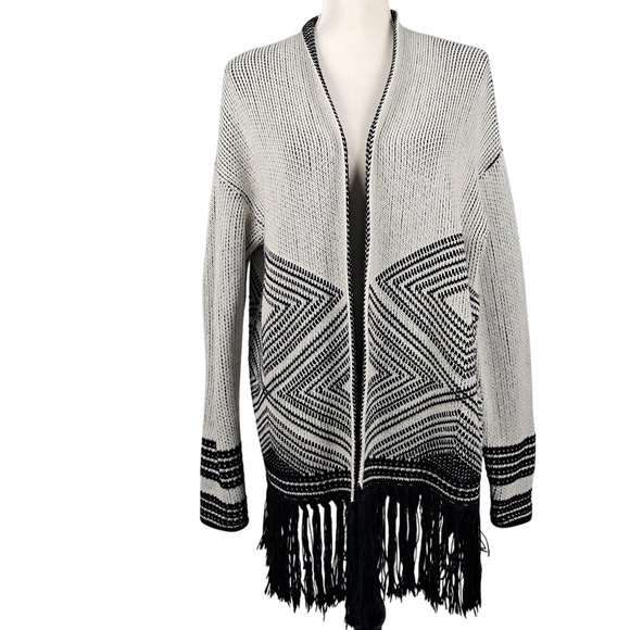 BANANA‎ REPUBLIC L Aztec Fringe Cardigan Black White Longline Cotton Wool Blend - Picture 3 of 8